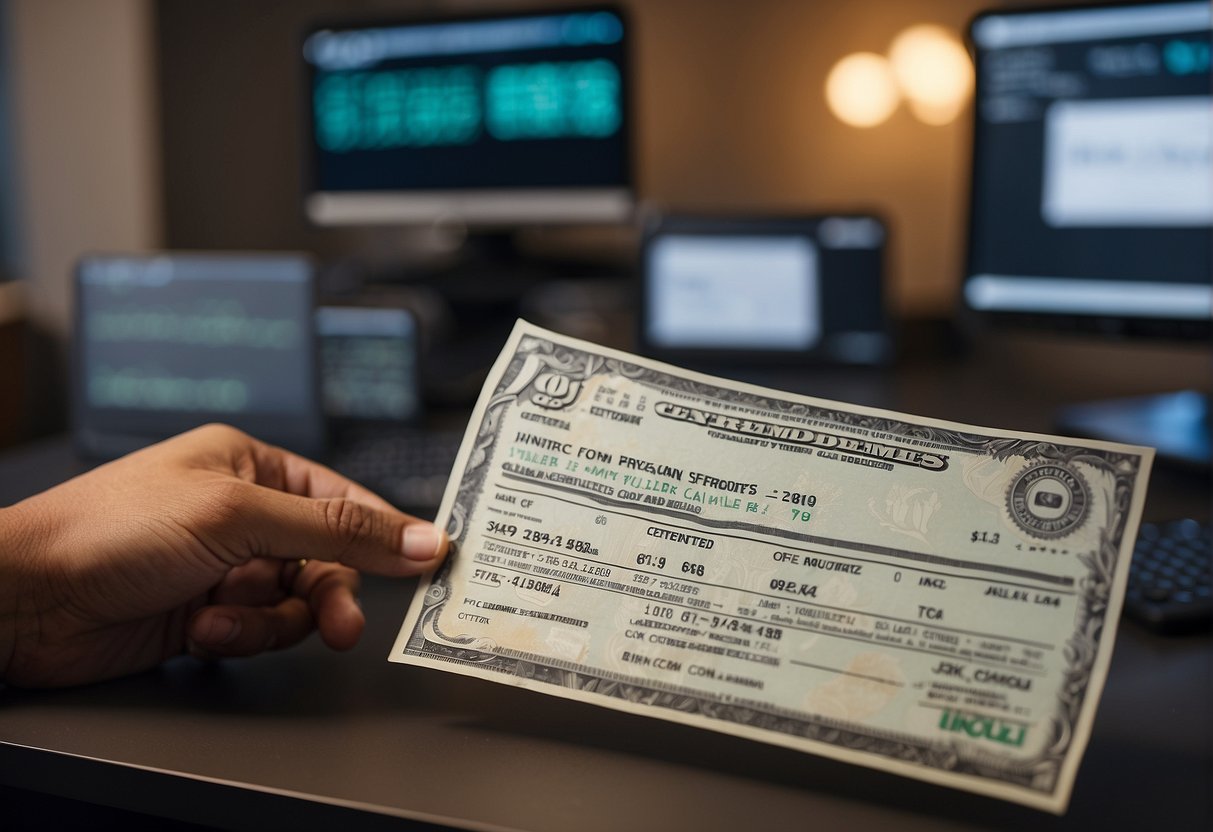 A person receiving a paycheck labeled "Certified Cryptocurrency Trader Salary" with a bank statement and cryptocurrency charts in the background
