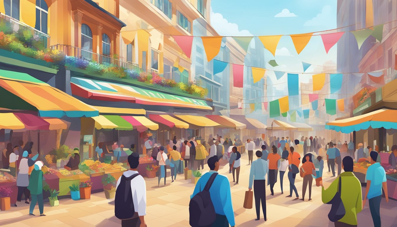 A bustling city plaza with a money lender's stall surrounded by eager customers and colorful banners