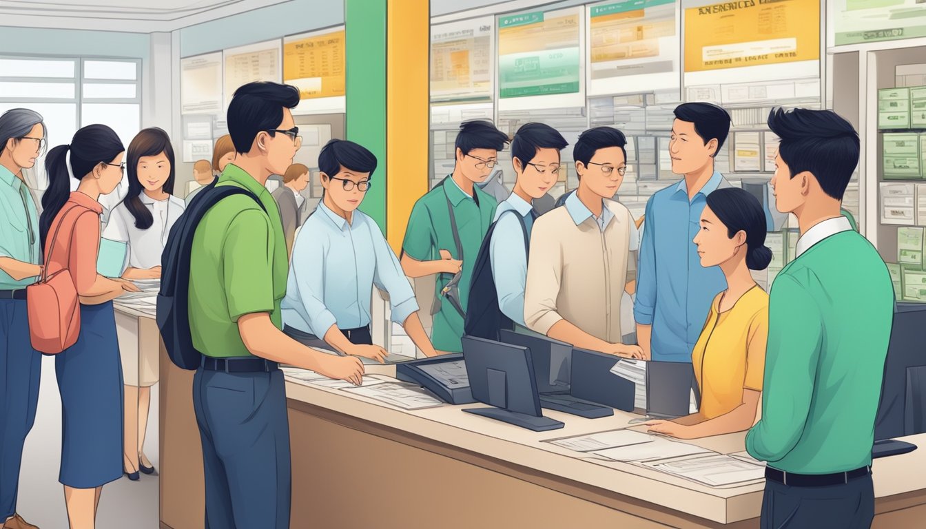 A bustling money lender bureau in Singapore with customers waiting in line, a clerk behind a counter, and signs displaying interest rates and loan terms