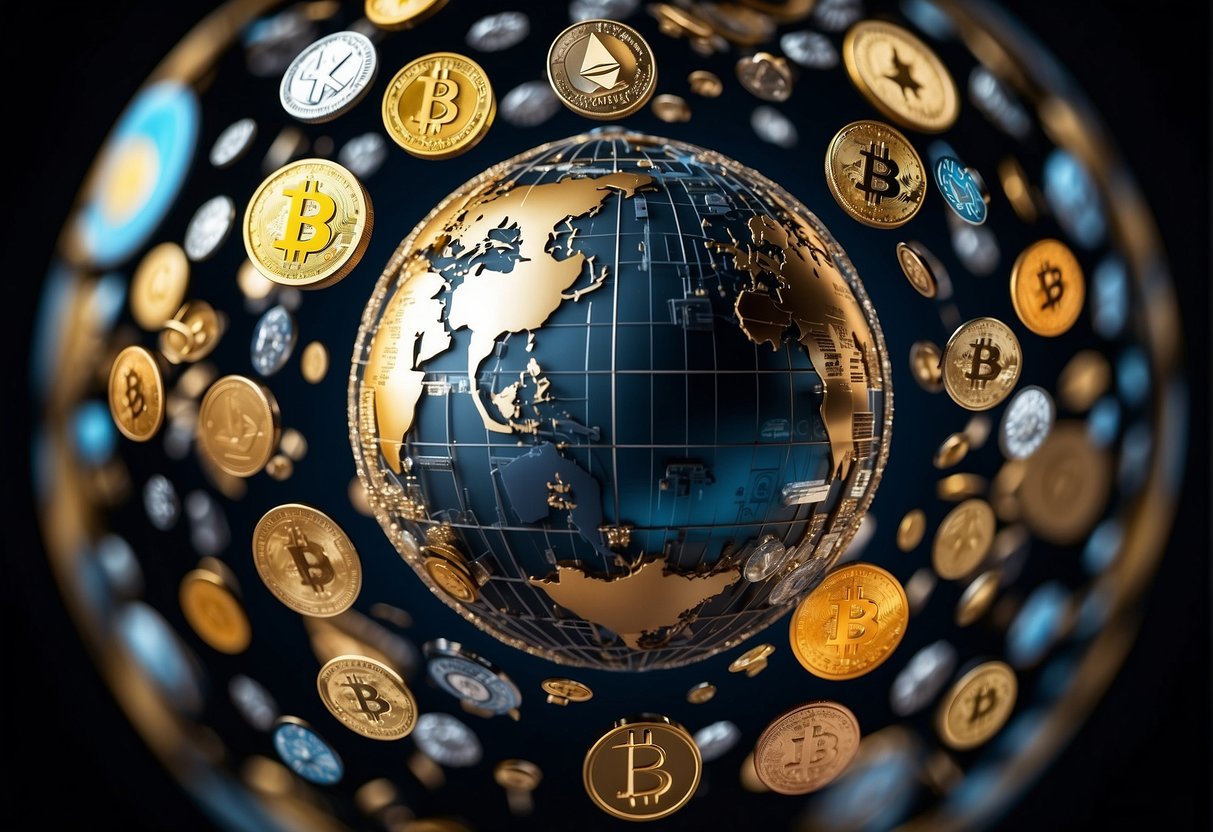 A variety of cryptocurrency logos, including Bitcoin, Ethereum, and others, floating above a globe, symbolizing universal basic income