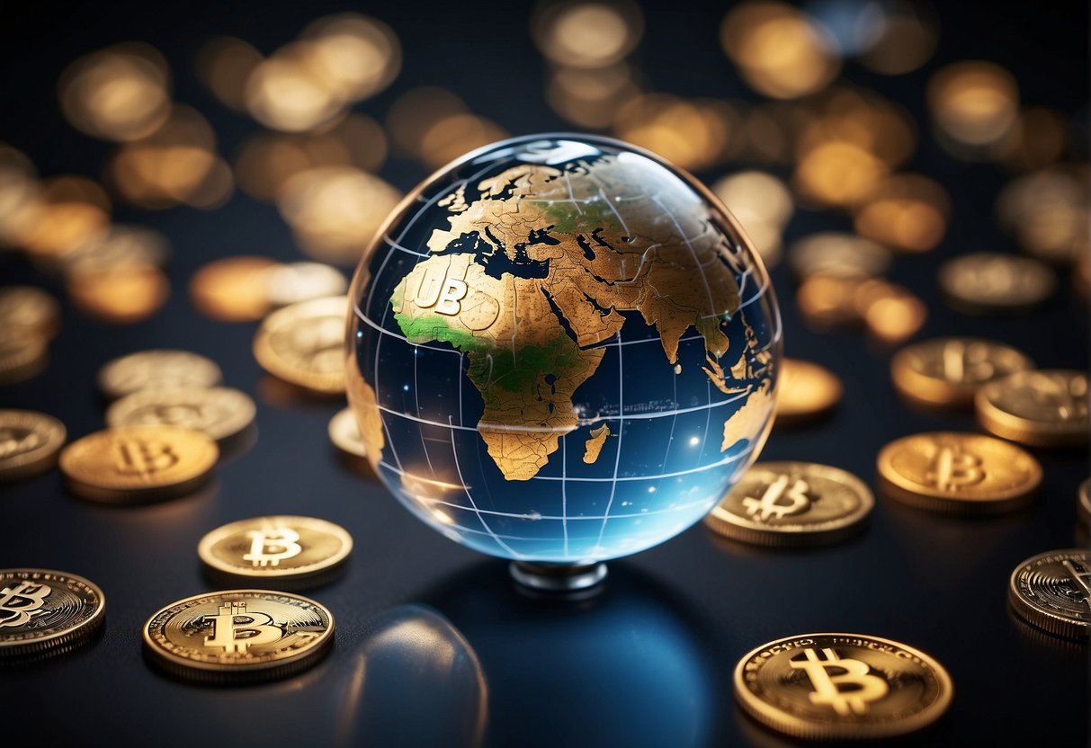 A stack of diverse cryptocurrency logos floating above a globe, with "UBI" letters shining brightly
