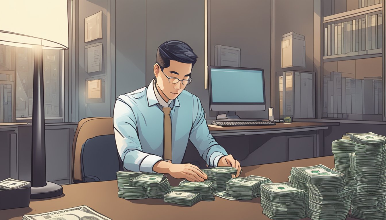 A foreign money lender in Singapore counting cash at a desk in a dimly lit room