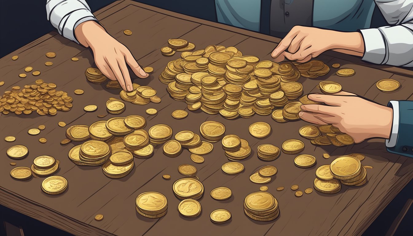 A chettiar money lender counting gold coins on a wooden table
