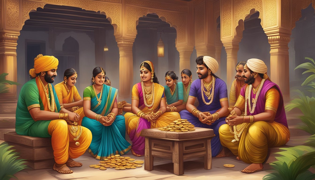 A group of Chettiar money lenders sit in a traditional South Indian courtyard, surrounded by ornate wooden furniture and stacks of gold coins and jewelry. The lenders are dressed in colorful silk saris and dhotis, counting and exchanging money with clients