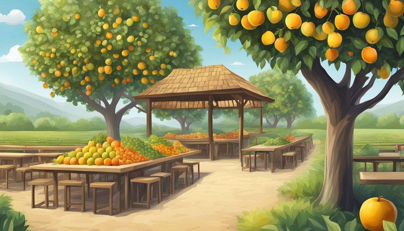 An orchard with a money lender's sign, surrounded by fruit trees and a small table for transactions