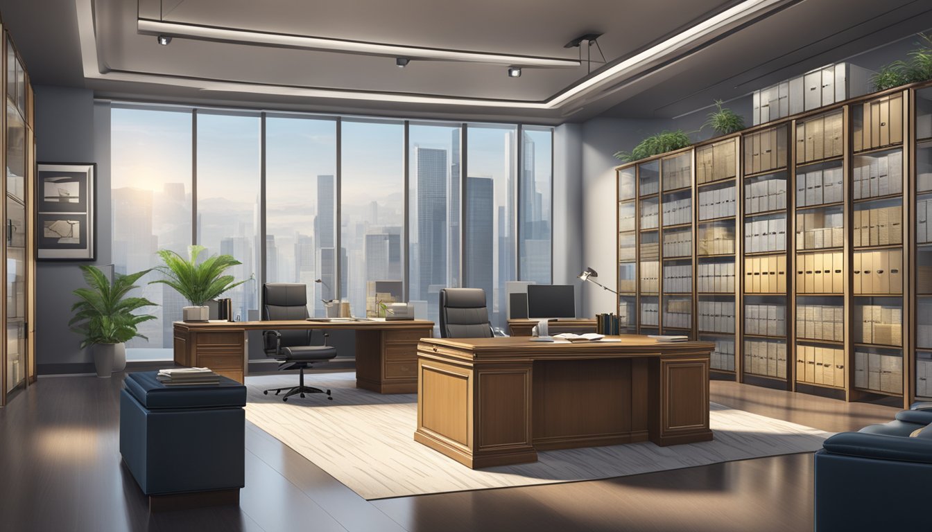 A sleek, modern office with a large desk and stacks of cash. The walls are adorned with images of luxury items and the company logo