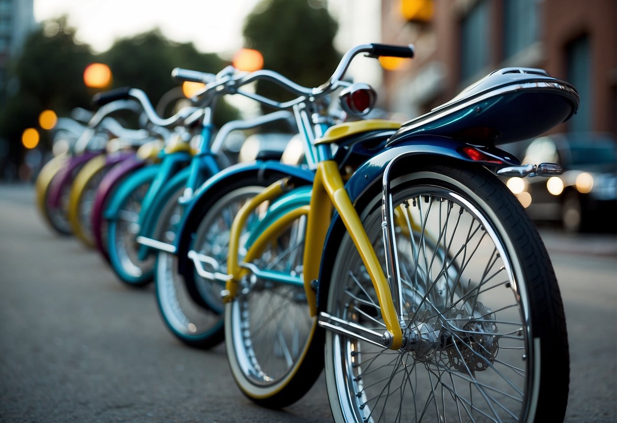 A row of lowrider bikes lined up on a city street, each with custom paint jobs, chrome accents, and low-slung frames