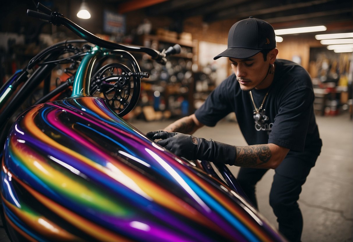 A person spray-paints a lowrider bike frame with intricate designs and vibrant colors in a garage workshop