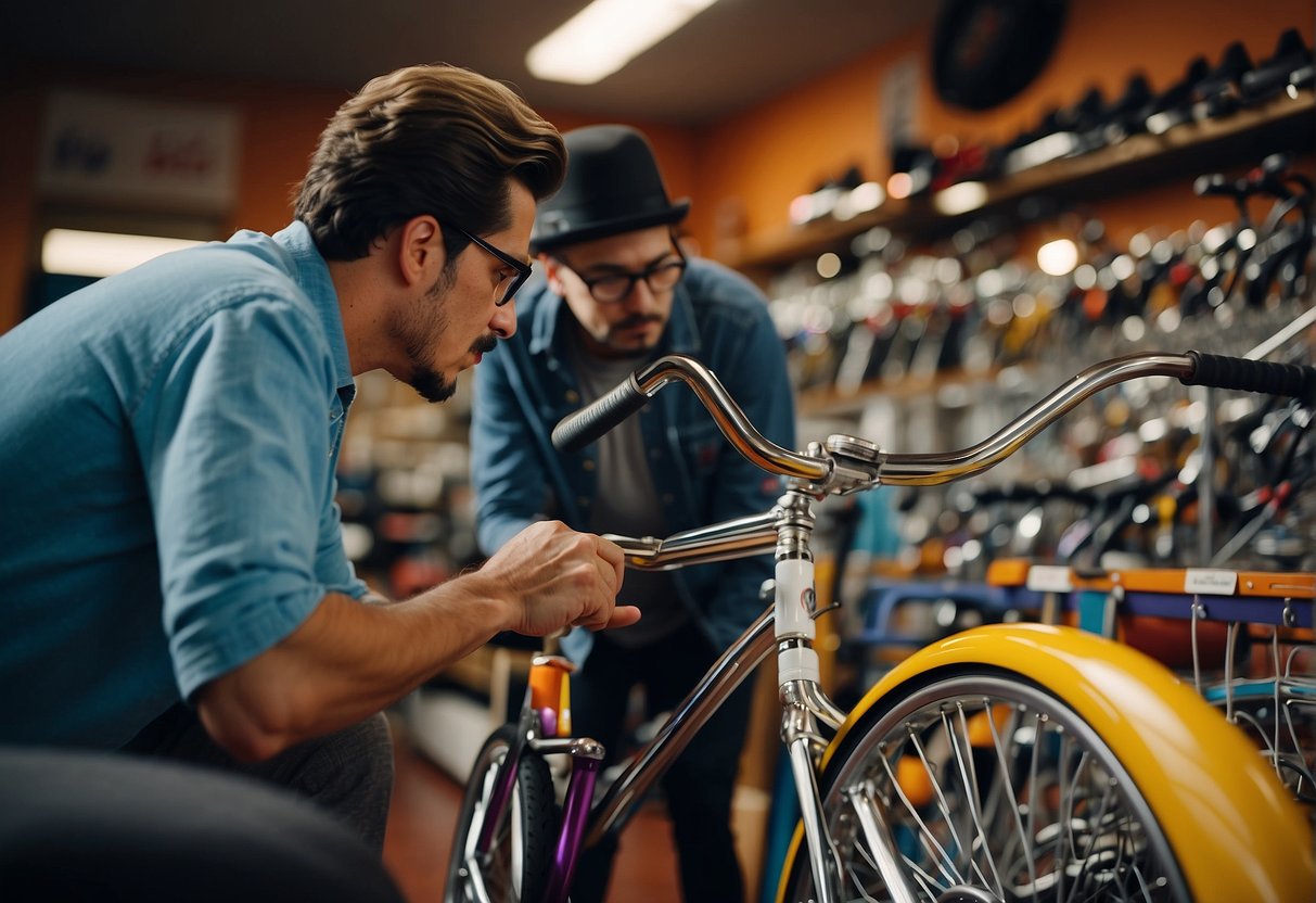 A customer examines a colorful lowrider bike on display at a bike shop, with a salesperson nearby offering assistance