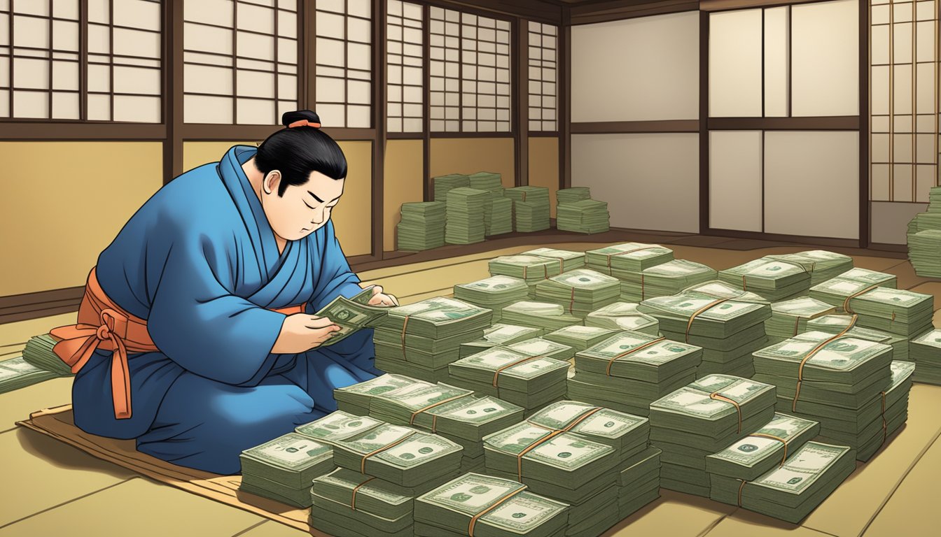 A sumo money lender counting stacks of cash in a traditional Japanese tatami room