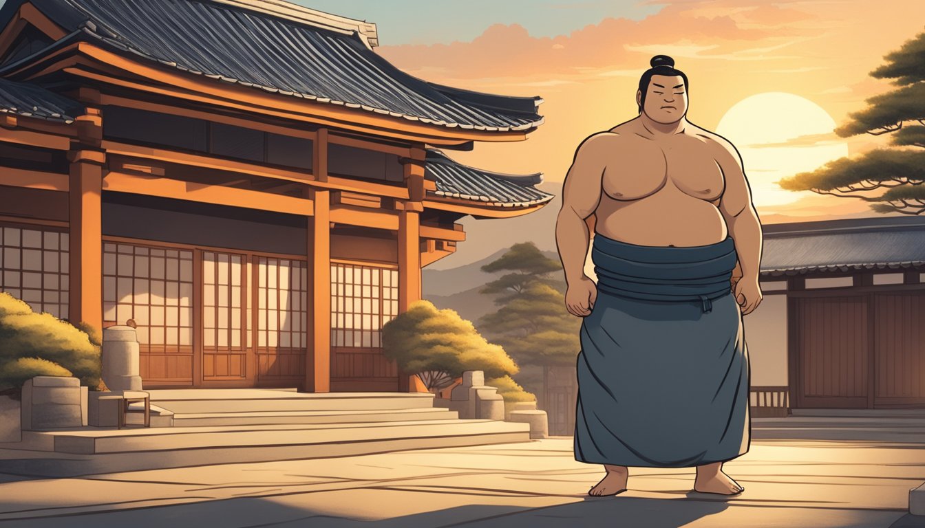 A sumo wrestler stands proudly in front of a traditional Japanese building, holding a large bag of money. The sun sets behind him, casting a warm glow over the scene