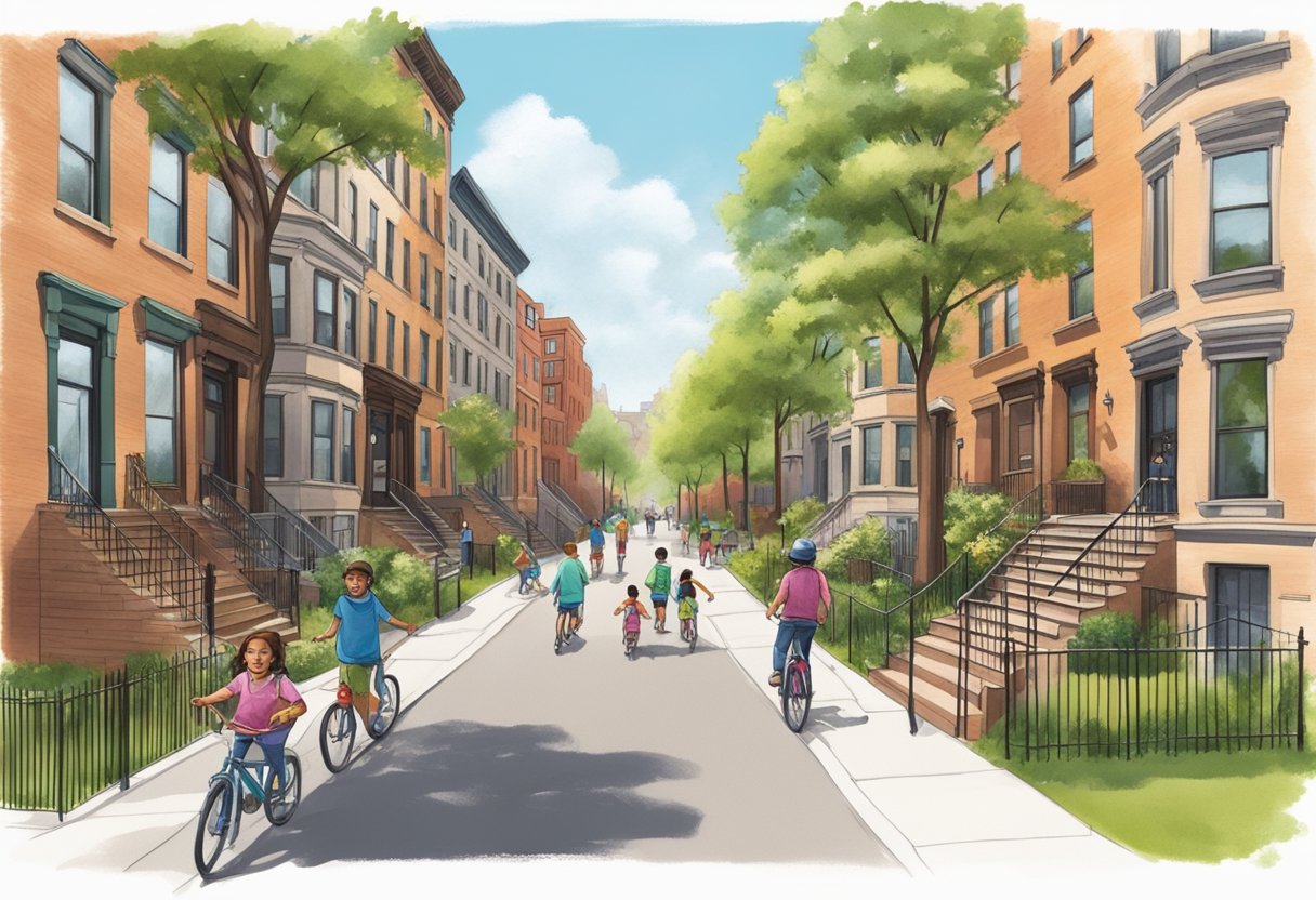 A tree-lined street with brownstone buildings and a playground in the background, families walking and biking, and a sense of community and safety in the air
