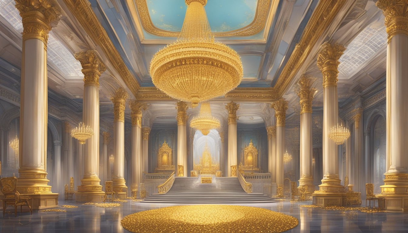 A grand hall with towering marble columns, adorned with glistening chandeliers and opulent tapestries, where a stern figure sits upon a throne-like chair, surrounded by stacks of gold coins and piles of precious gems