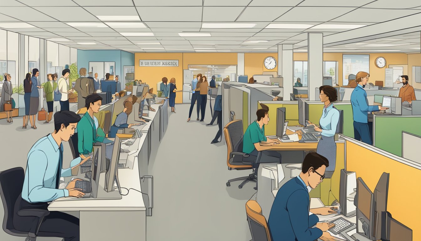 A busy office scene with people lining up at a customer service desk, while others sit at desks answering phone calls and emails. A large sign on the wall reads "Frequently Asked Questions trillion money lender."