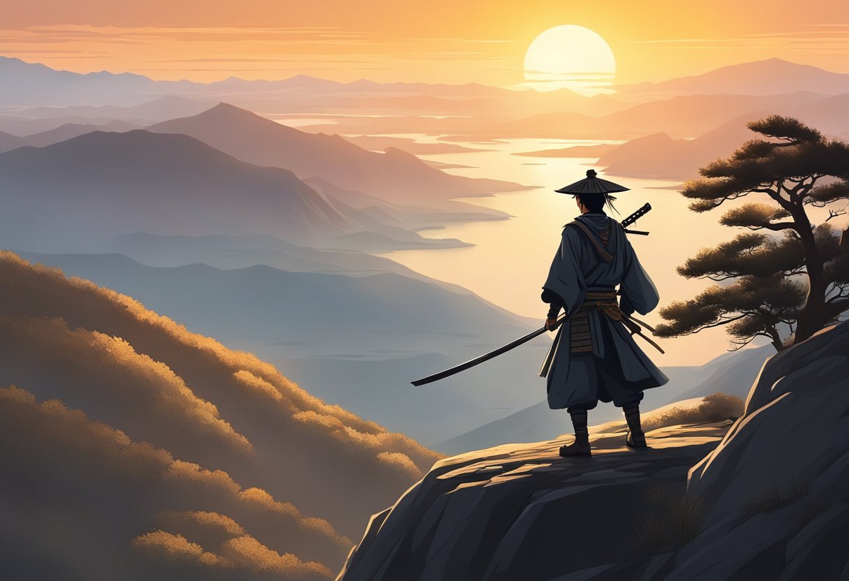 Ghost of Tsushima: A lone samurai stands on a cliff overlooking a vast and rugged landscape, with the sun setting behind him casting a warm glow over the land
