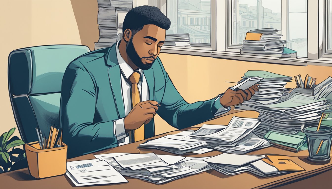 A person sits at a desk, surrounded by bills and financial documents. They are on the phone, discussing debt repayment options with a money lender