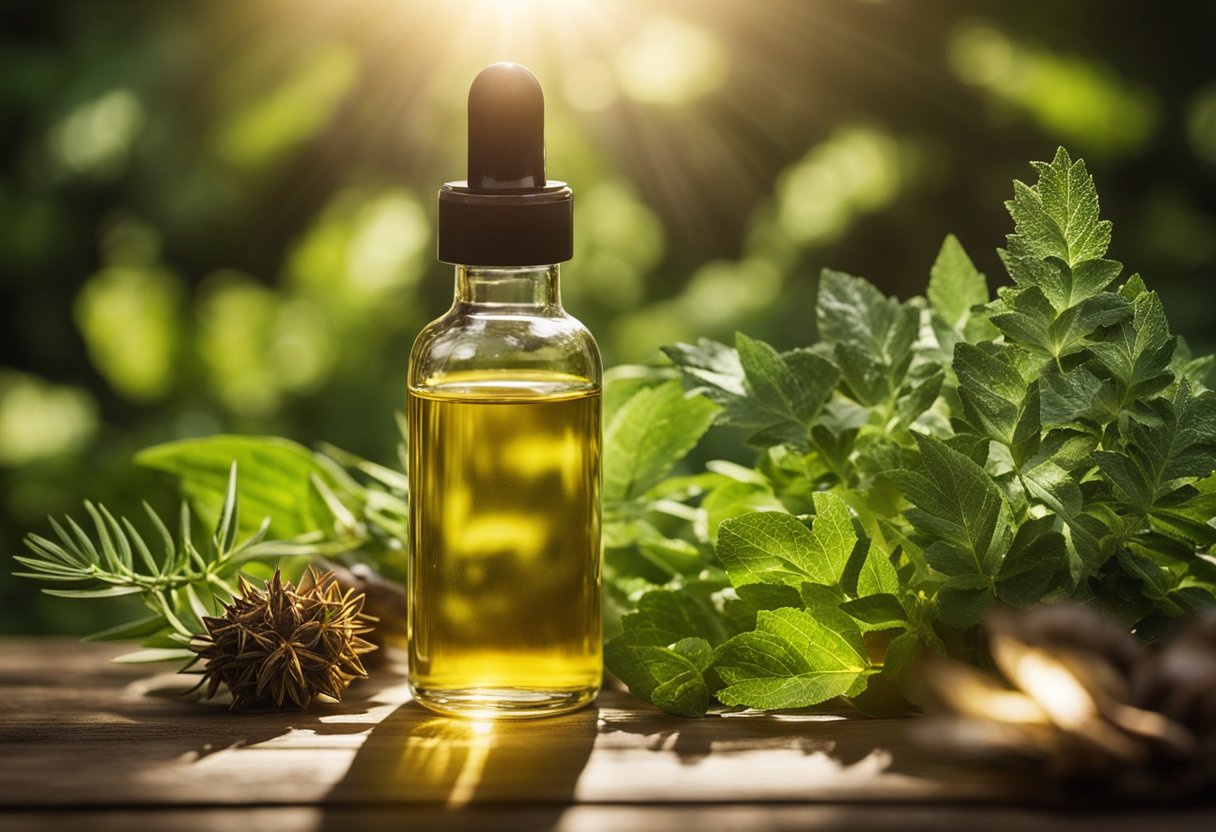 A bottle of castor oil surrounded by various plants and herbs, with a beam of sunlight shining down on it, highlighting its health benefits