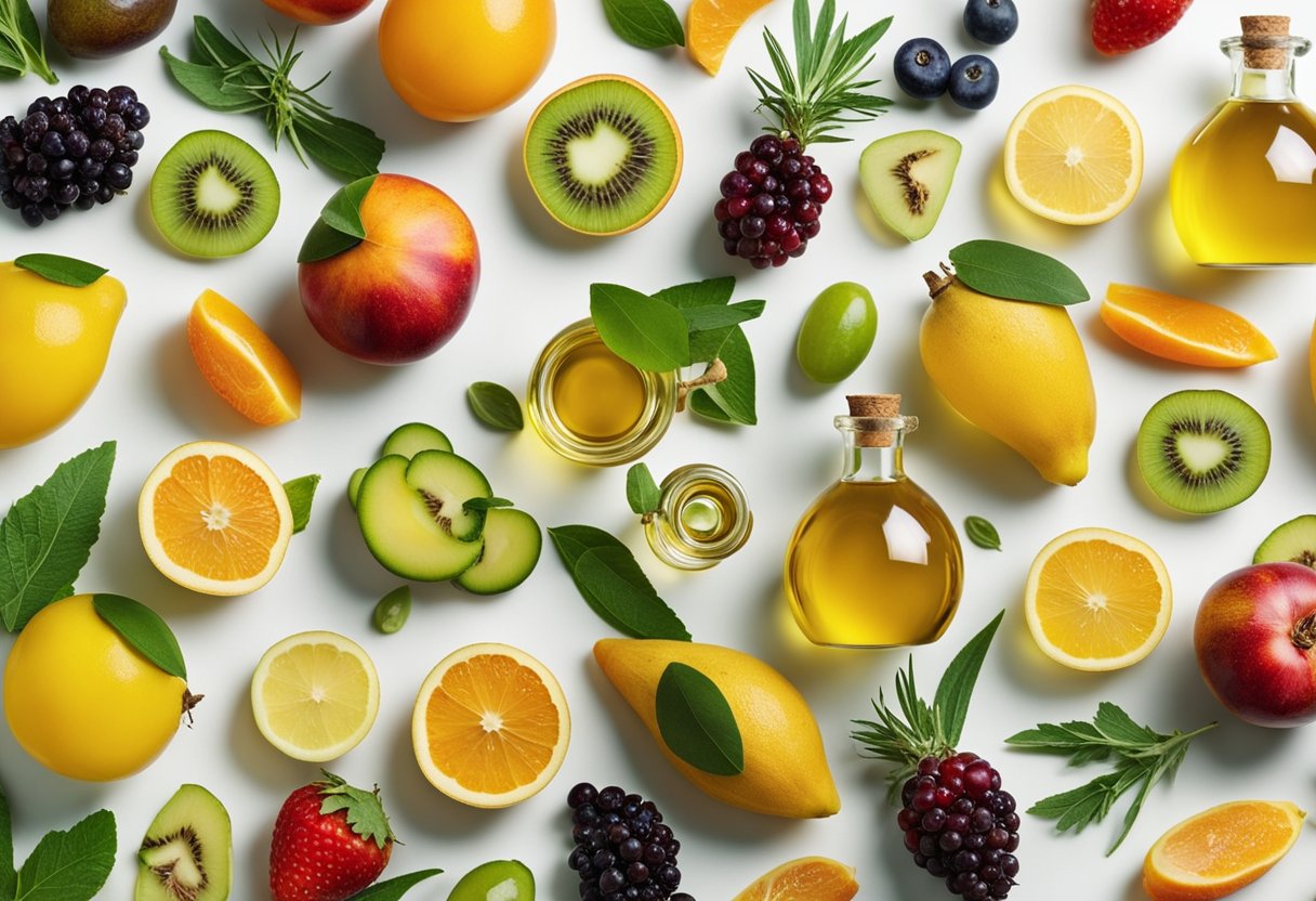 A bottle of castor oil surrounded by various fruits, vegetables, and herbs, symbolizing the numerous health benefits of the oil for overall well-being and vitality