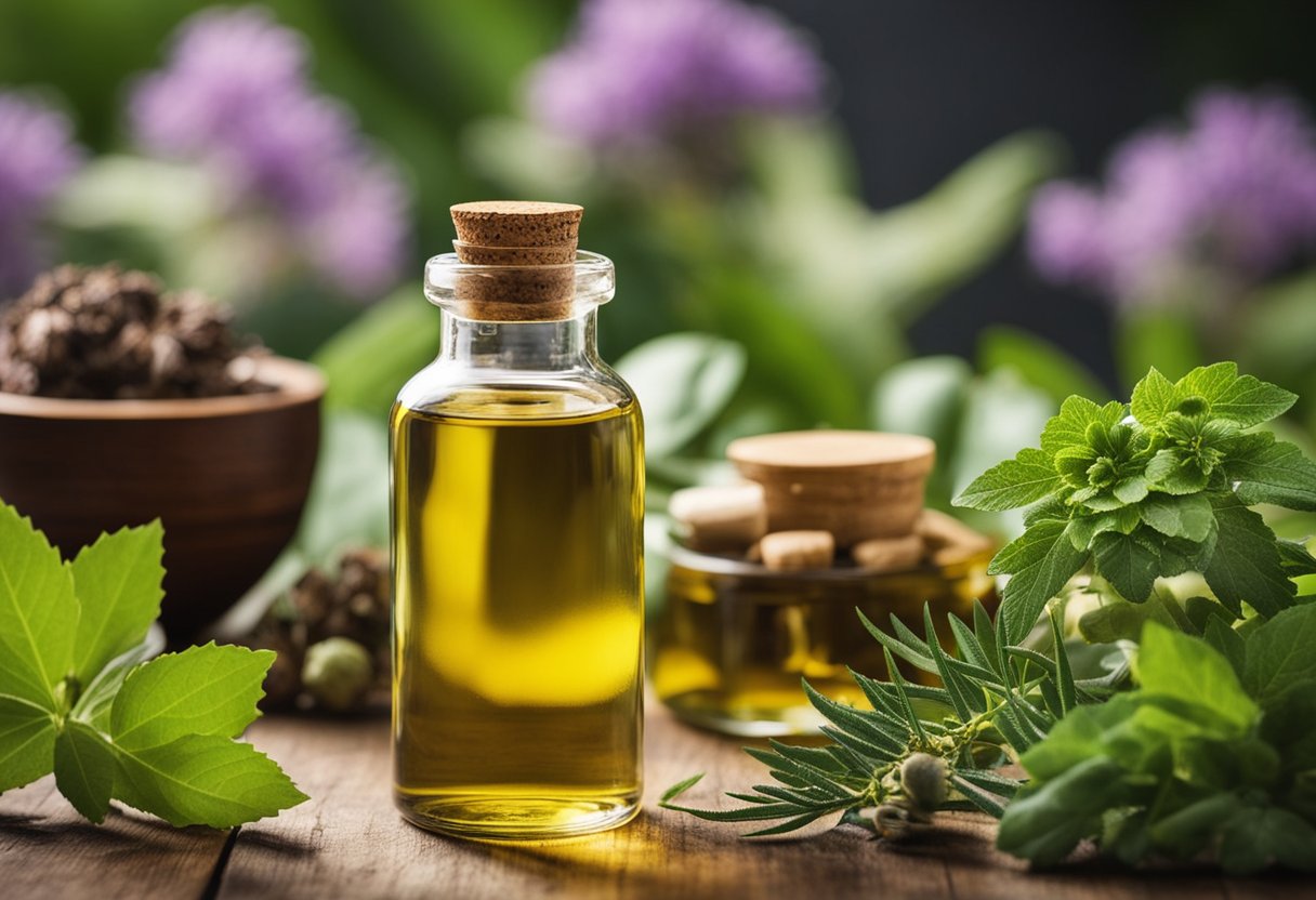 A bottle of castor oil surrounded by various medicinal plants and herbs, with a list of 27 health benefits displayed prominently