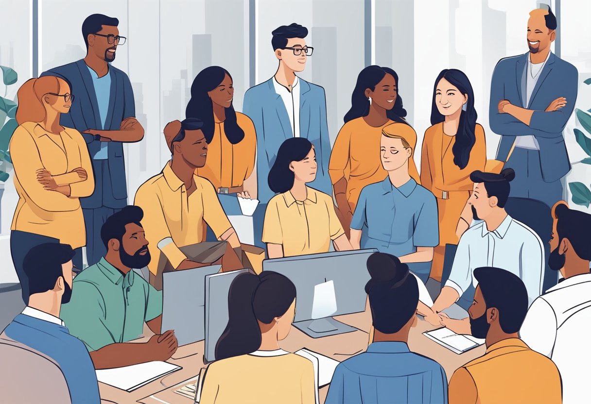 A diverse group of employees engage in open and empathetic communication, listening and understanding each other's perspectives in a supportive and inclusive work environment