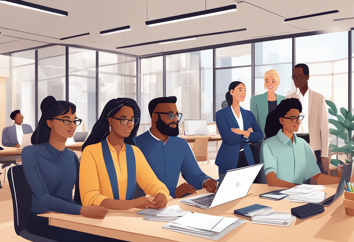 A diverse group of employees collaborate in a modern office setting, sharing ideas and working together in a supportive and empathetic environment