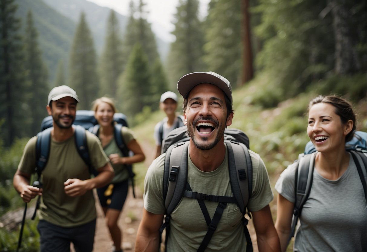 Hikers sharing laughs on a scenic trail, with funny quotes in speech bubbles above their heads