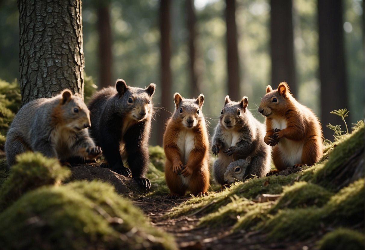 A group of animals hiking through a forest, with a bear struggling to put on hiking boots and a squirrel laughing from a tree branch