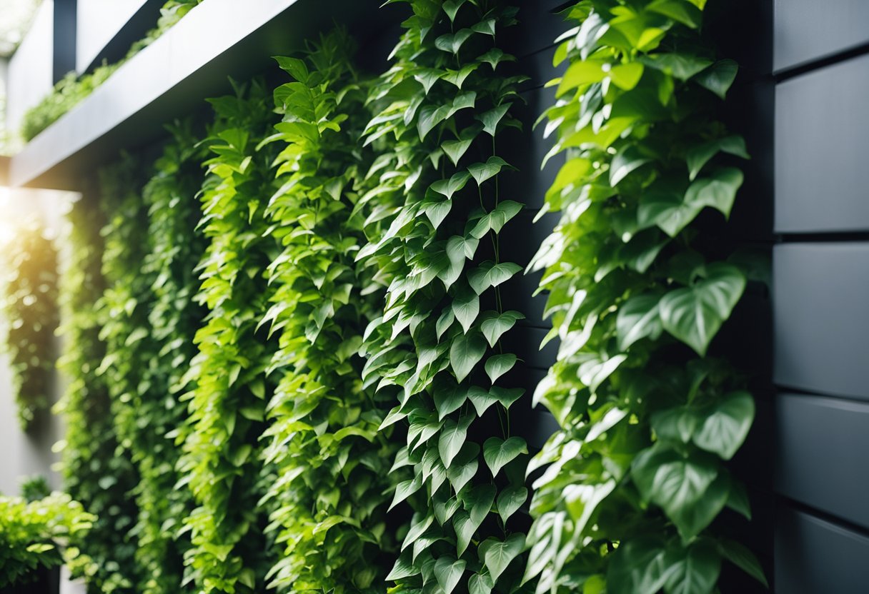 Lush green plants cascade down from wall-mounted planters, creating a vibrant and inviting vertical garden. Sunlight filters through the leaves, casting dappled shadows on the surrounding surfaces