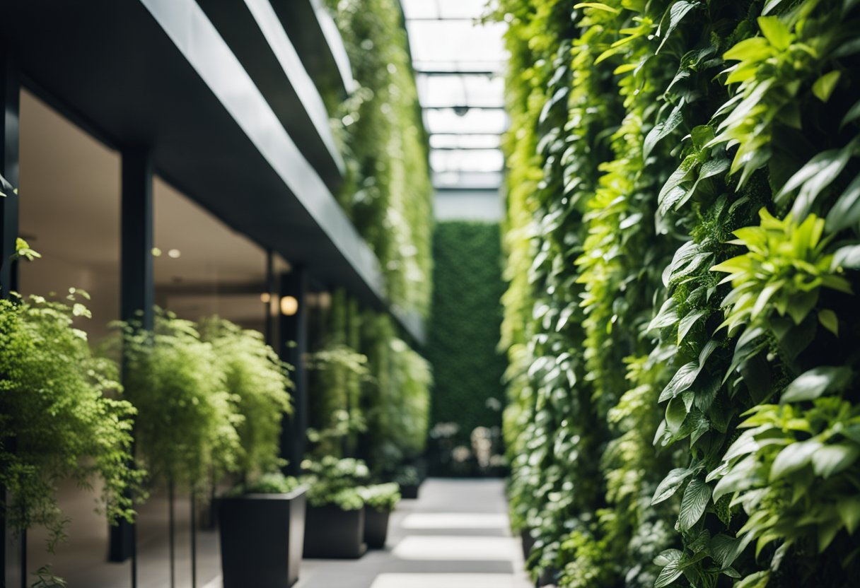 A vertical garden with irrigation system, lush greenery, and simple design elements