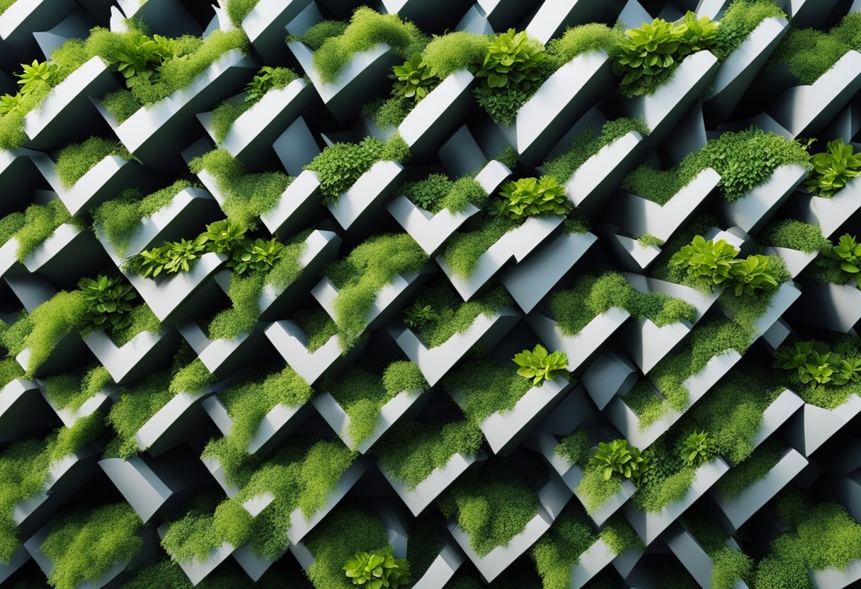 A modern vertical garden with sleek, minimalist design. Lush greenery cascades down the wall in a symmetrical pattern, creating a striking and innovative display