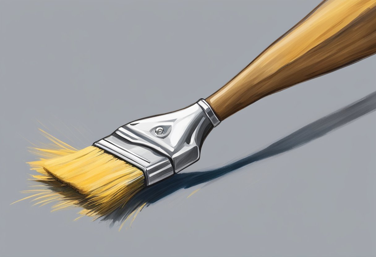 A worn paintbrush lies next to a new one, bristles frayed and handle chipped. A hand reaches for the new brush, pondering the question: "How often should I replace my paintbrushes?"