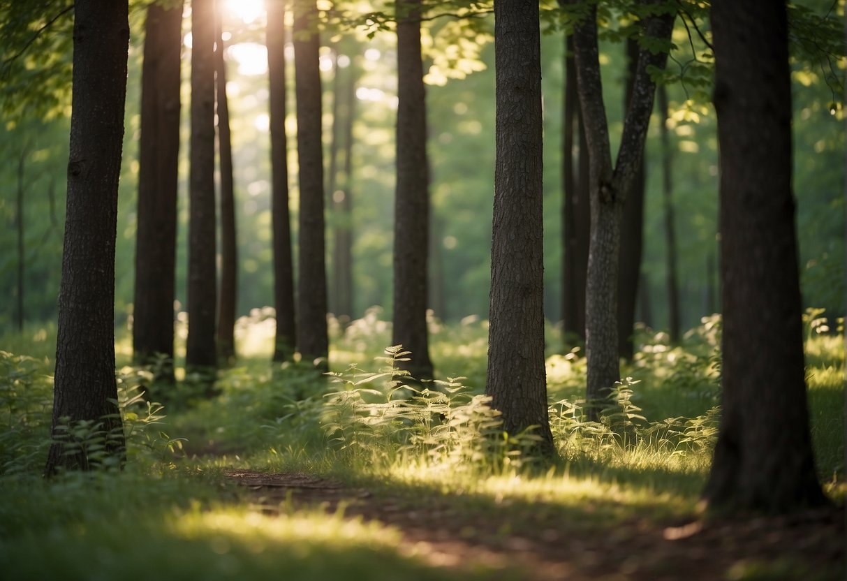 The scene depicts a group of healthy Ash trees in a Minnesota forest, with signs of Emerald Ash Borer prevention measures such as insect traps and protective treatments