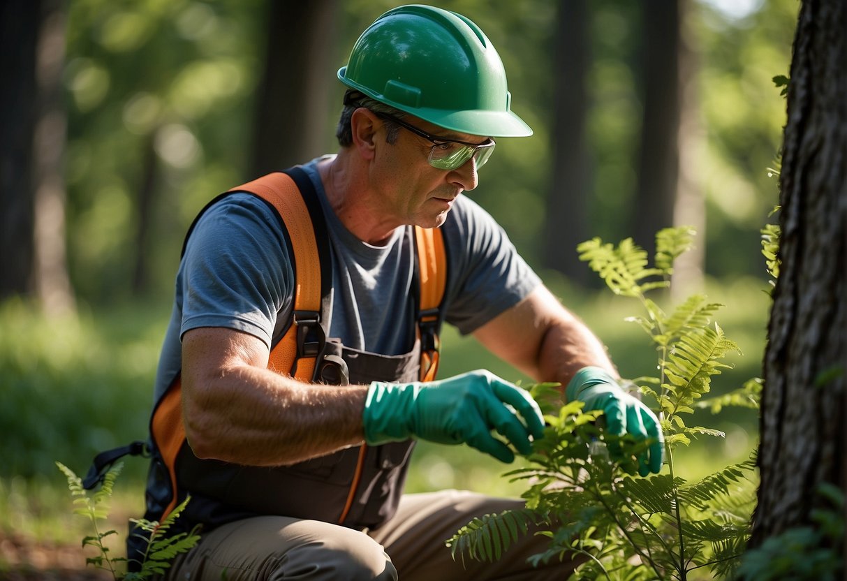 A professional arborist inspecting and treating ash trees for emerald ash borer in a lush Minnesota forest