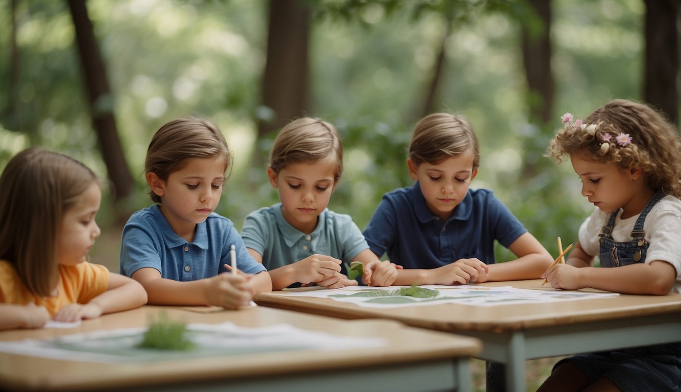 Uma sala de aula com crianças ao ar livre, observando e desenhando objetos naturais como árvores, flores e animais. O professor os orienta na compreensão dos detalhes do ambiente