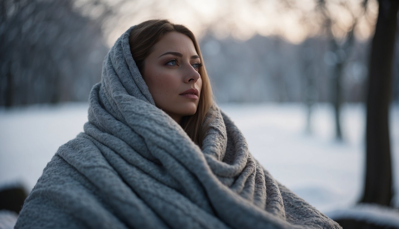 A person wrapped in a thermal blanket, surrounded by cold, with the blanket reflecting their body heat back to them, keeping them warm