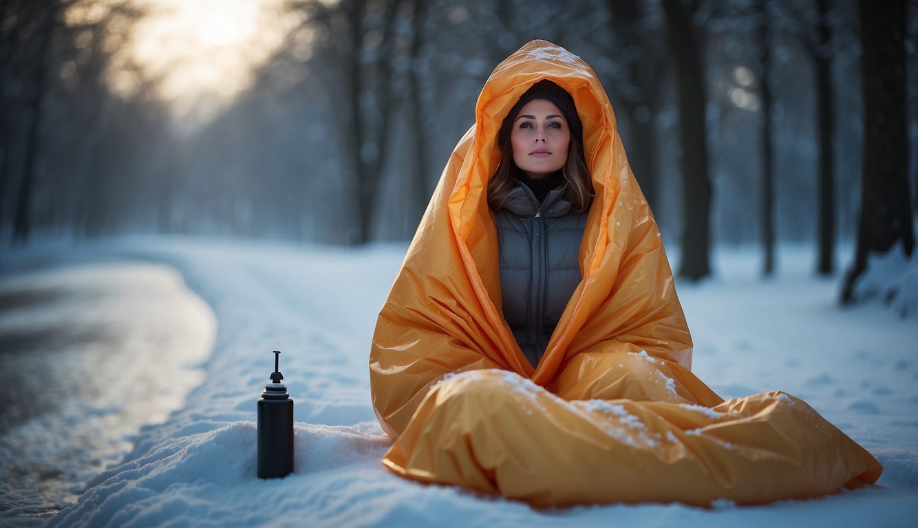 A person wrapped in a reflective emergency blanket, surrounded by cold weather gear, with a thermometer showing a rise in temperature