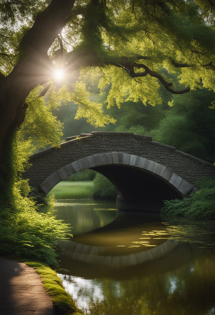 Sunlight filters through towering oak trees onto a tranquil pond. A historic stone bridge spans the water, leading to a lush green island. Birdsong fills the air