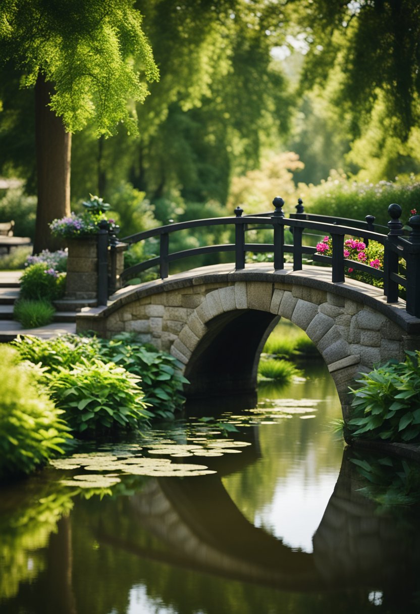 Lush greenery surrounds a tranquil pond, with a stone bridge arching over the water. Tall trees provide shade for picnickers, while colorful flowers dot the landscape