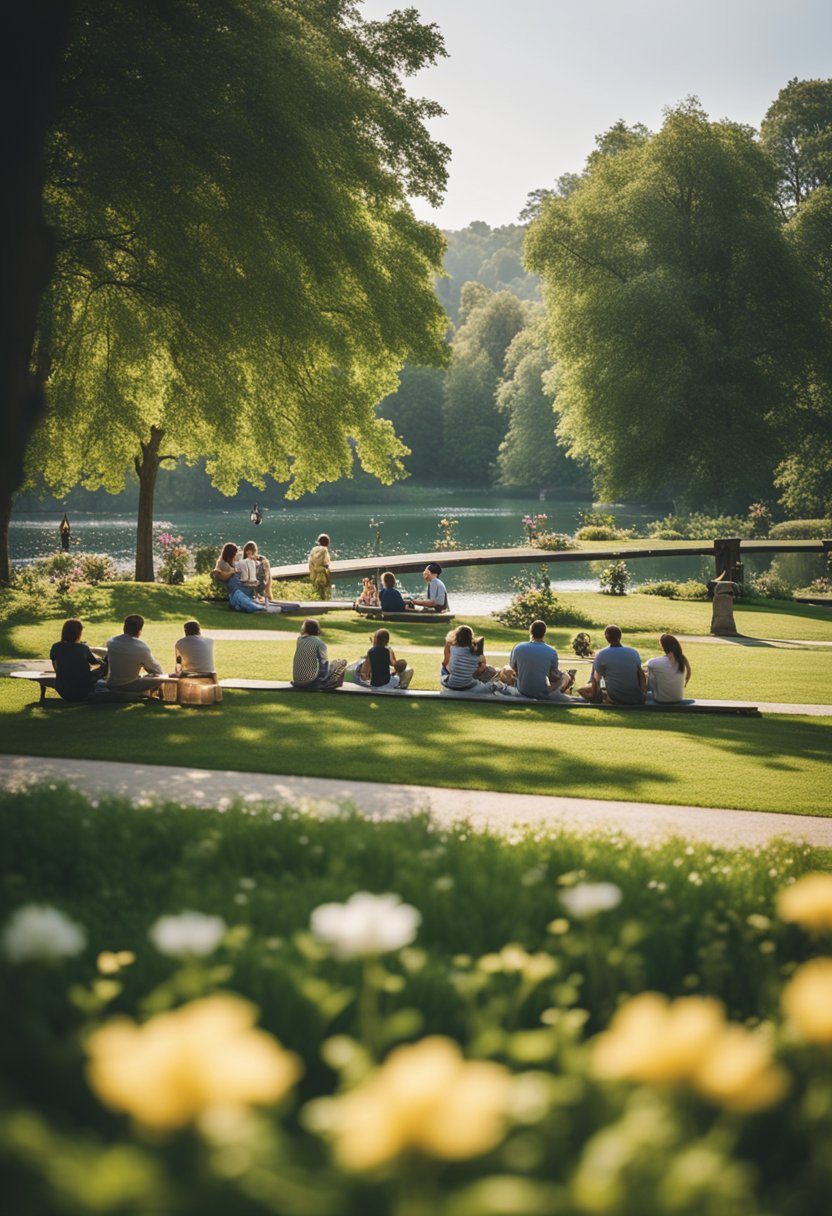 A bustling park with families picnicking, children playing, and couples strolling by the serene lake, surrounded by lush greenery and colorful flowers