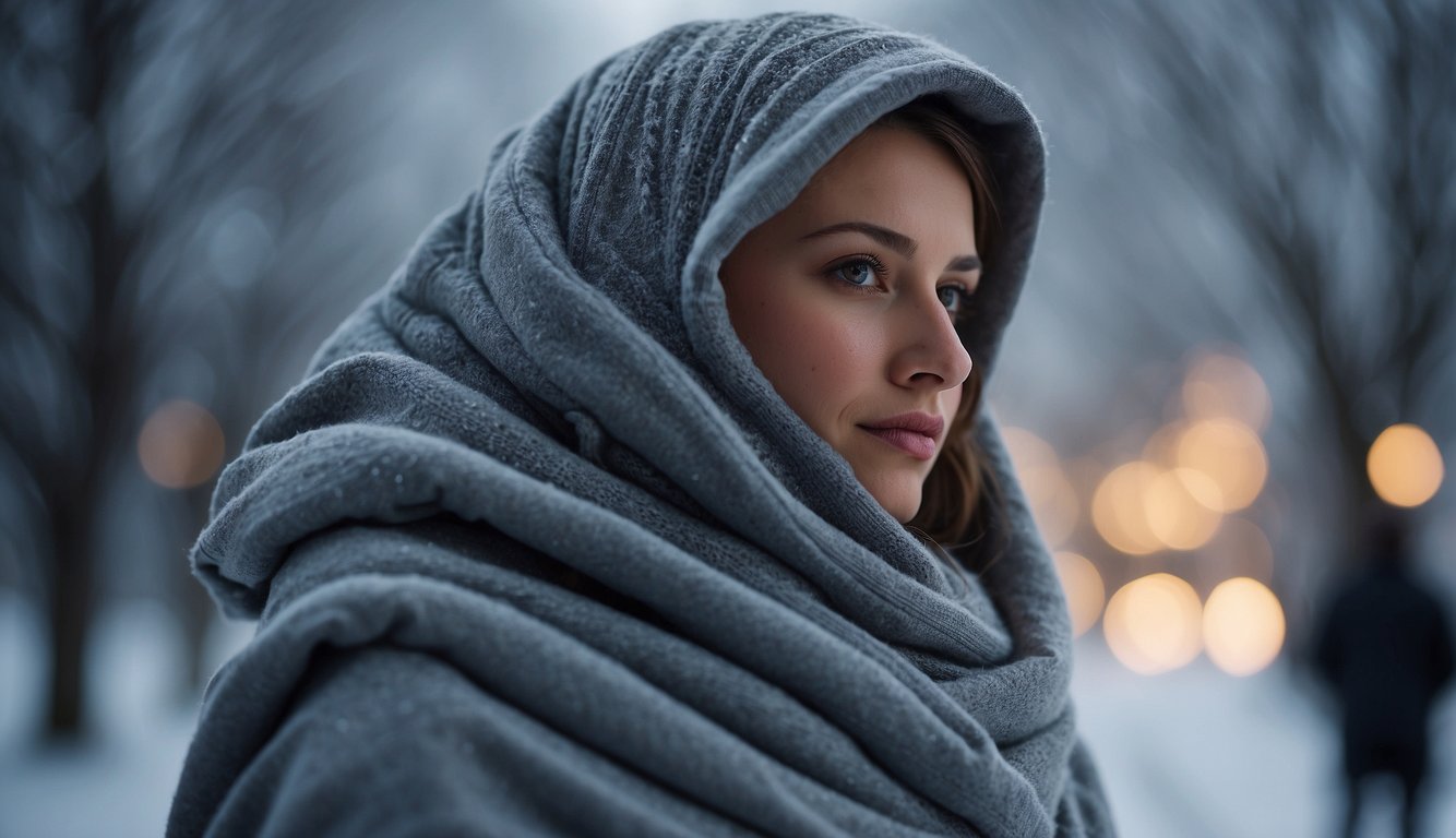 A person wrapped in a thermal blanket, surrounded by cold weather. The blanket reflects body heat, keeping the person warm