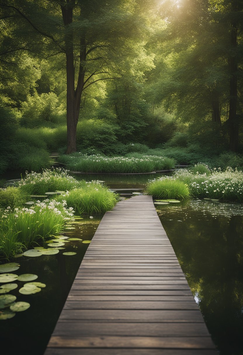 Lush greenery surrounds a serene pond, with a wooden boardwalk extending into the water. A small waterfall cascades into the pond, surrounded by vibrant wildflowers and tall trees