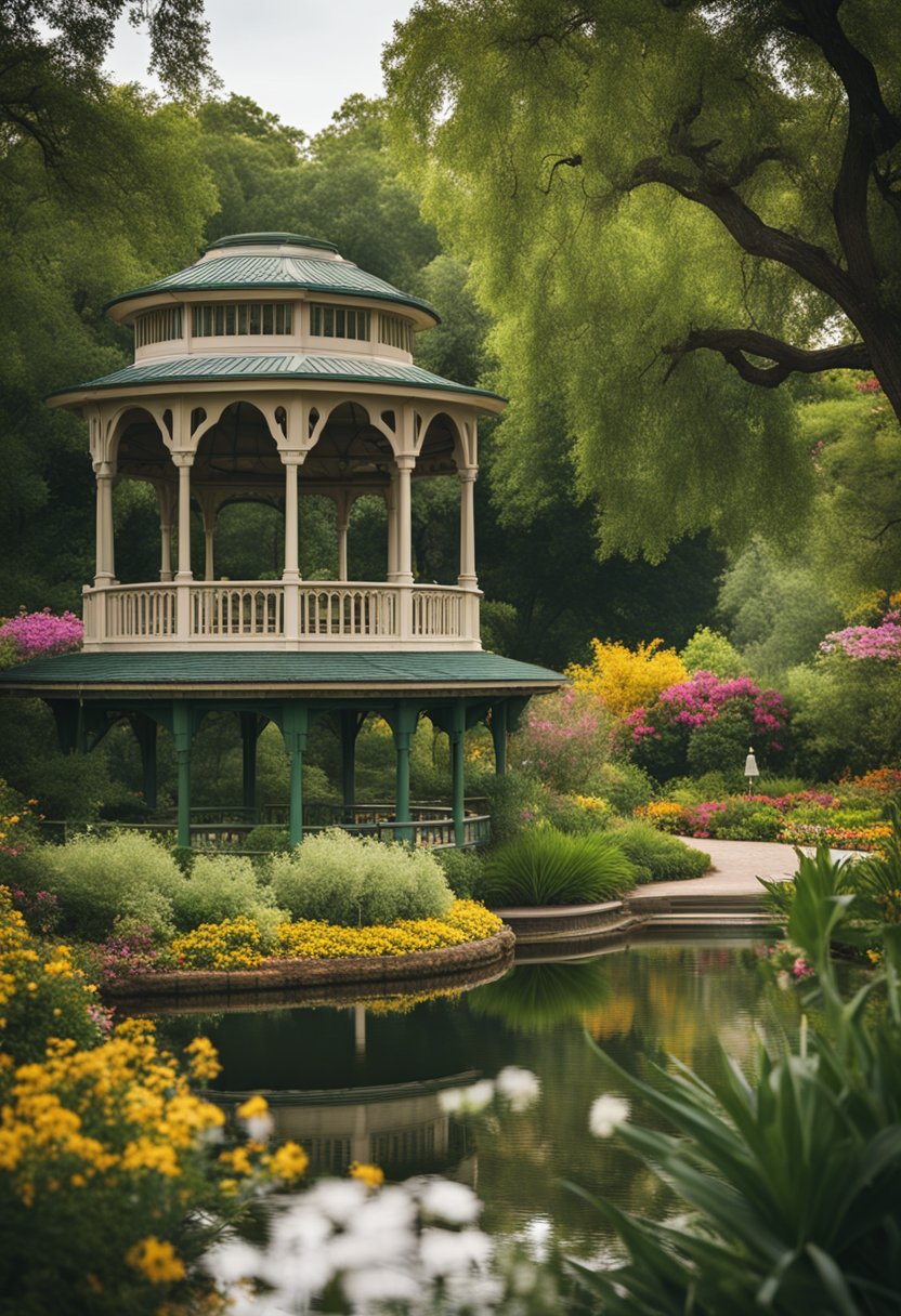 Indian Springs Park features a winding river, lush greenery, and a central pavilion, surrounded by walking paths and colorful flower beds