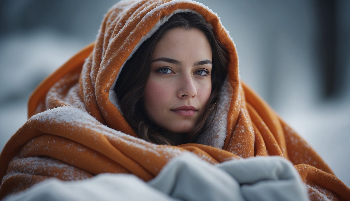 A person wrapped in a thermal blanket, surrounded by cold air. The blanket reflects body heat, creating a warm, protective barrier