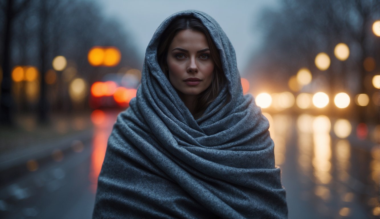 An emergency blanket wraps around a shivering figure, reflecting their body heat back to keep them warm