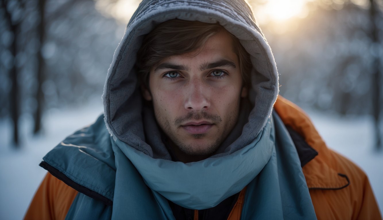 A person wrapped in a thermal blanket, surrounded by cold weather gear and emergency supplies, with a focus on the blanket's ability to preserve body heat