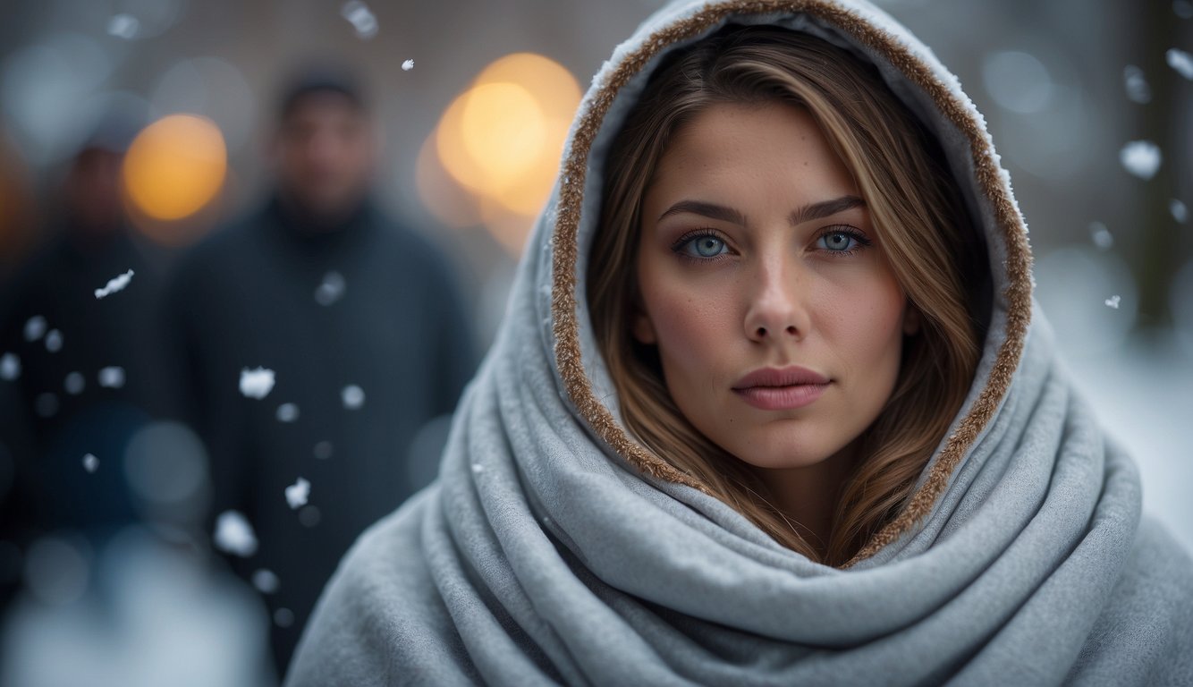 A person wrapped in a thermal blanket, surrounded by cold weather. The blanket reflects body heat, creating a warm, protective barrier