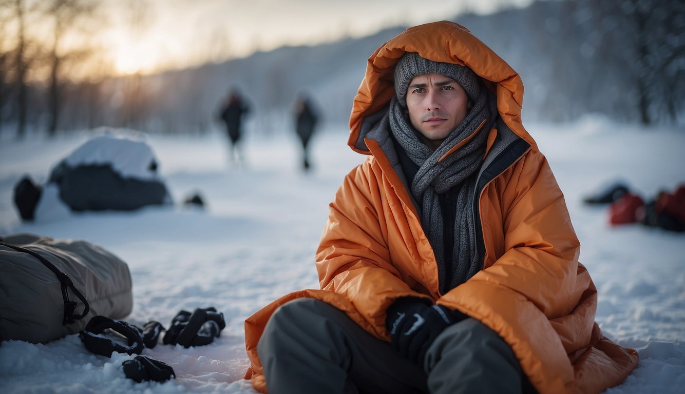 A person wrapped in an emergency blanket, surrounded by cold weather gear. Thermometer shows rising temperature