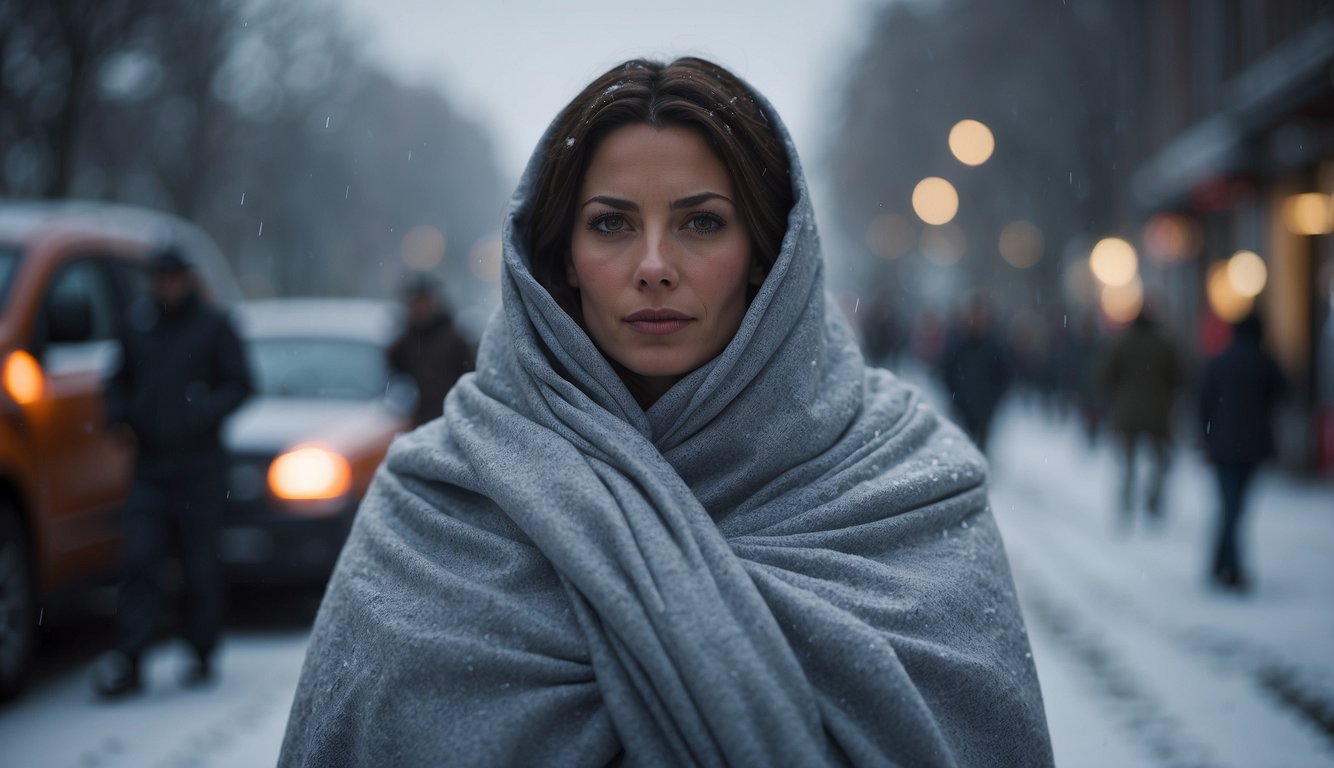 A person wrapped in a thermal blanket, surrounded by cold weather. The blanket effectively retains body heat, demonstrating its effectiveness in emergency situations