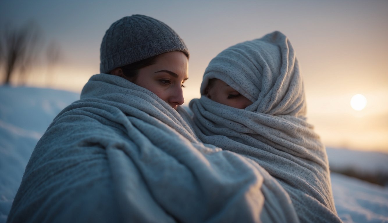 A person wrapped in a thermal blanket, surrounded by cold air, with the blanket effectively retaining body heat