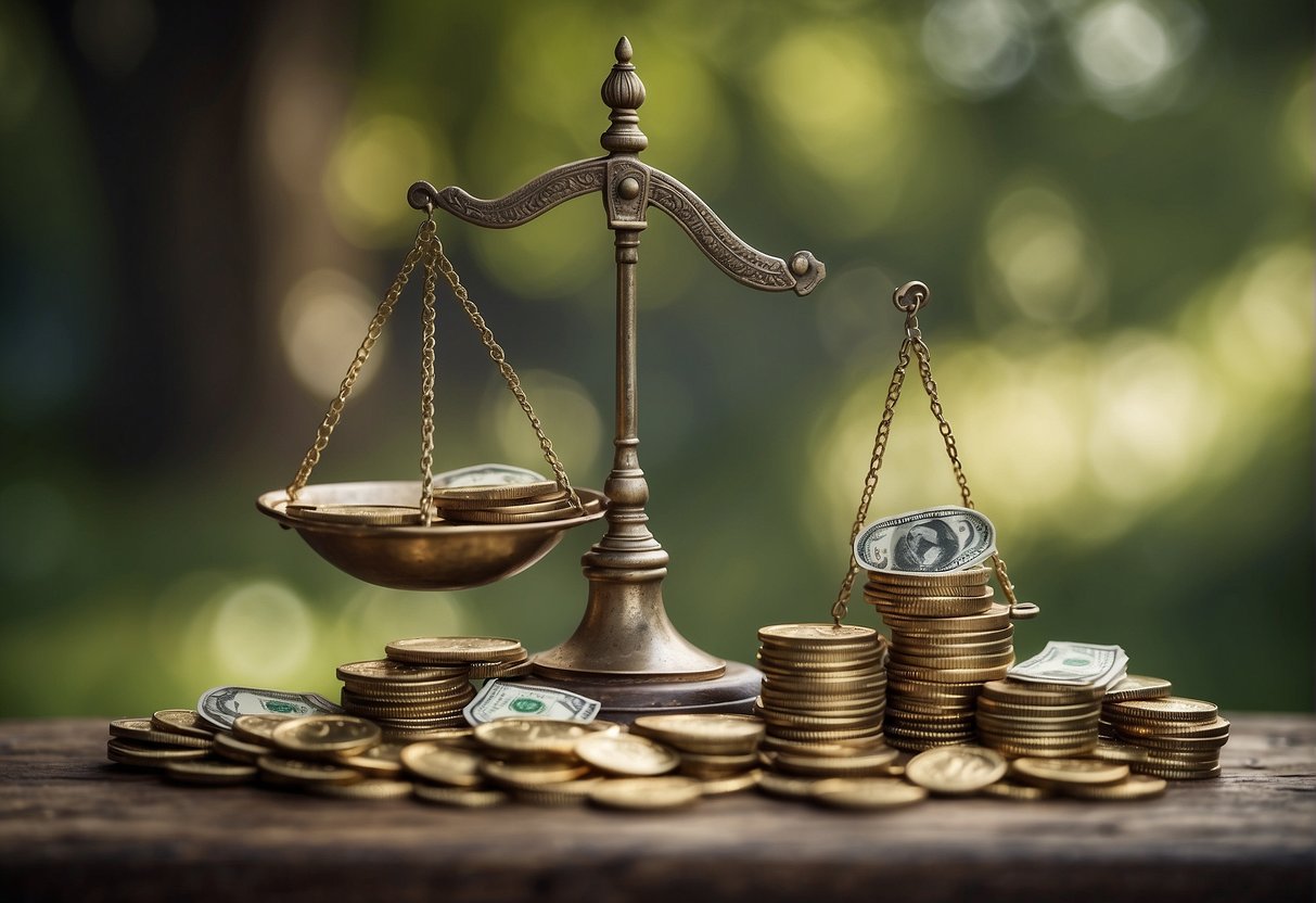 A scale with a healthy Ash tree on one side and a pile of money on the other, symbolizing the decision between protection treatment and removal